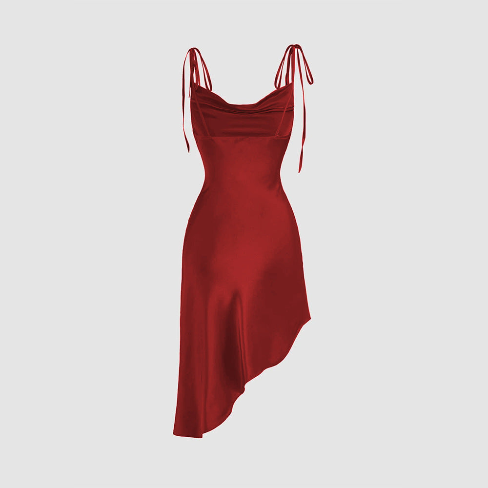 Popular Satin Sling Swing Collar Waist Tight Flab Hiding Design Irregular Asymmetric Hem Dress Bella Mia