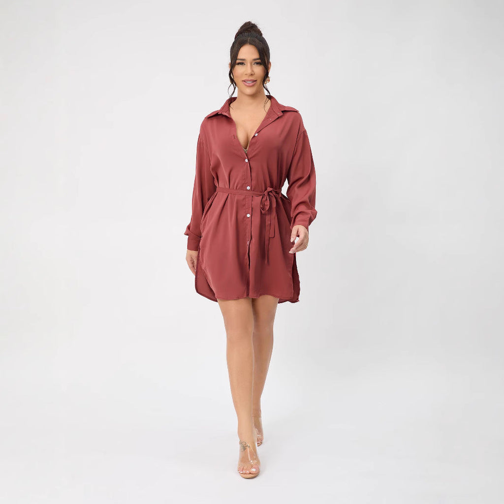 Casual Long Sleeve Women Clothing Long Shirt Collar Belt Two Piece Shorts Sets Women Spring Bella Mia
