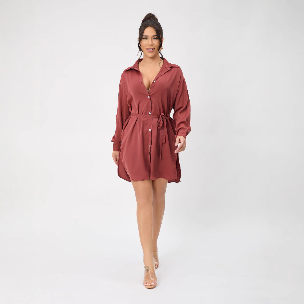 Casual Long Sleeve Women Clothing Long Shirt Collar Belt Two Piece Shorts Sets Women Spring Bella Mia