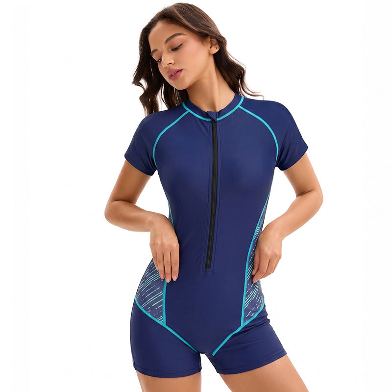 Swimsuit Women Sports One Piece Color Matching Boxer Conservative Short Sleeve Swimsuit