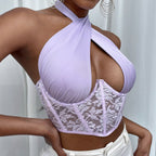 Criss Cross Summer Stitching Lace Halter Lace-up Wrapped Chest Steel Ring sexy Vest Boning Corset Boning Corset Corset Hollow Out Cutout Hollow Out Cutout Out Bella Mia