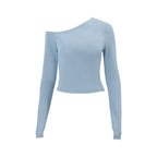Women Clothing Autumn Sexy Solid Color Diagonal Collar Cropped Knitted Long Sleeved T shirt Top Bella Mia