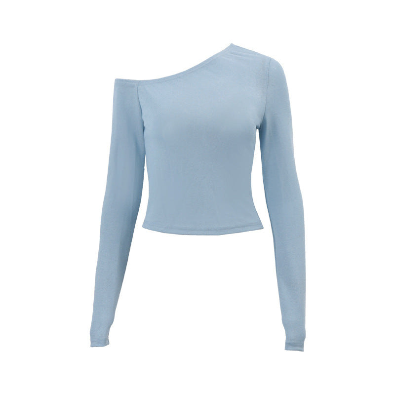 Women Clothing Autumn Sexy Solid Color Diagonal Collar Cropped Knitted Long Sleeved T shirt Top Bella Mia