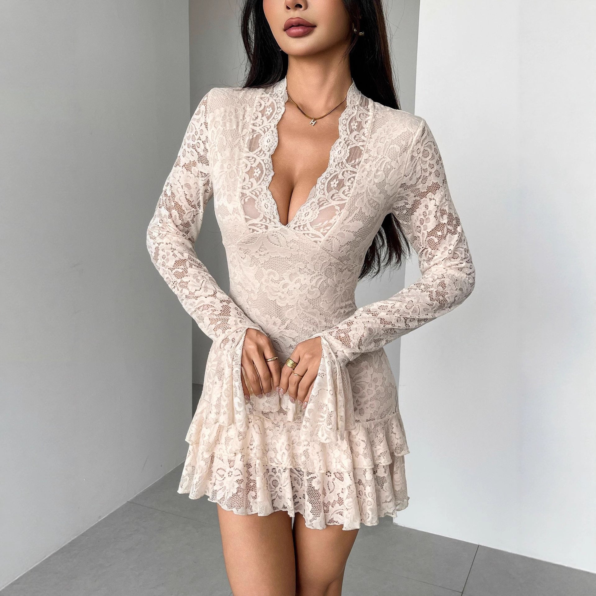 Autumn Winter Lace V neck Double Layer Ruffled Slim Fit Sheath Dress Bella Mia