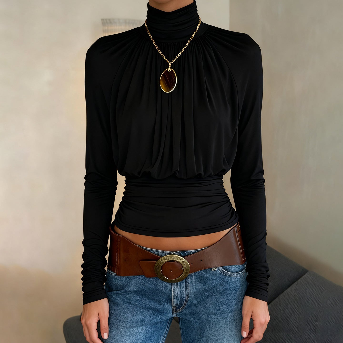 Dark Sexy Black with High Collar Long Sleeve Casual Top Short Waist Controlled Slimming Long Sleeve T shirt Women Autumn Bella Mia