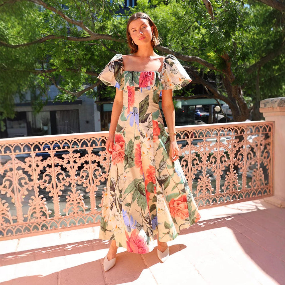 Dress Chiffon Floral Print off Shoulder Beach Dress Seaside Vacation Maxi Dress Women Bella Mia