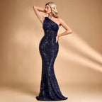 Sequin Oblique Shoulder Applique Evening Dress Women Cocktail Fishtail Host Toast Dress Bella Mia