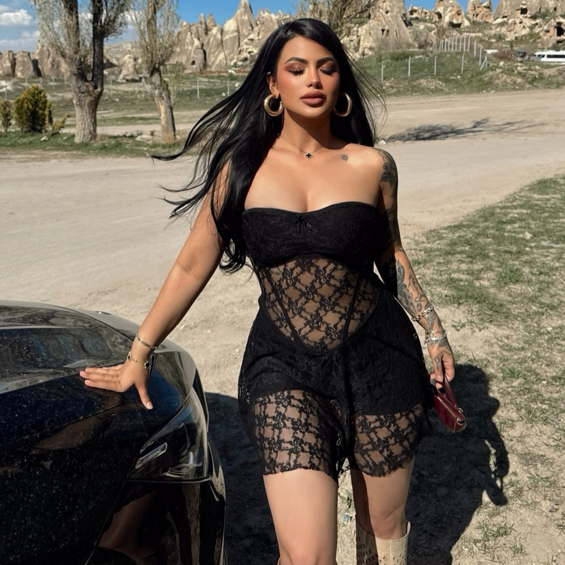Summer Women Sexy Lace Stitching Tube Top Slim Fit See through Dress Bella Mia