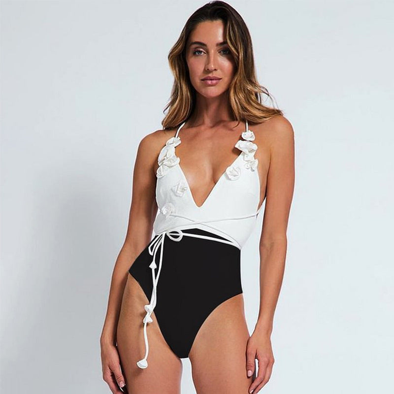 French Black White Color Matching V Halter Floral Decoration One Piece Swimsuit for Women Bella Mia