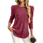 Arrival Women round Neck Puff Sleeve Brushed Sunken Stripe Solid Color Upper Clothes Long Sleeves T shirt Bella Mia
