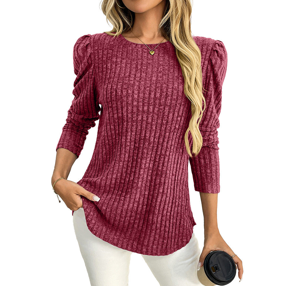 Arrival Women round Neck Puff Sleeve Brushed Sunken Stripe Solid Color Upper Clothes Long Sleeves T shirt Bella Mia