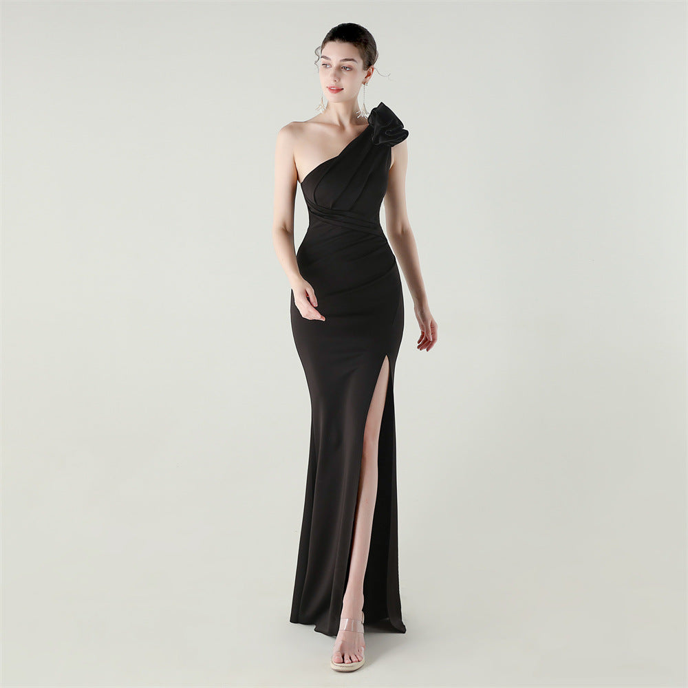 One Shoulder Three Dimensional Floral Satin Folding High Slit Sexy Evening Dress Dinner Wedding Social Bella Mia