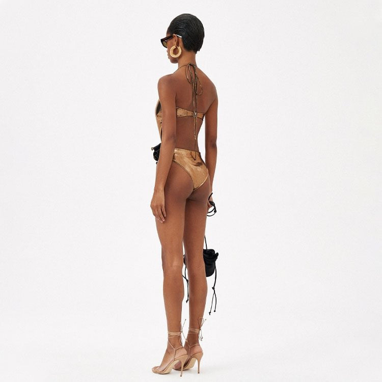 Gold Handmade Floral Halter Hollow Out Cutout out Swimsuit Women Bella Mia