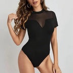Women Clothing Summer Elegant Black Short Sleeve Mesh Patchwork Waist-Slimming Hip Lifting Jumpsuit for Women Bella Mia