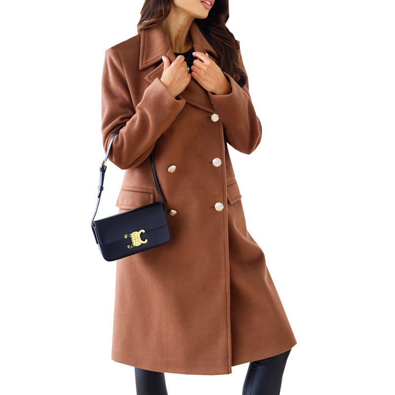 Autumn Winter Simplicity Long Sleeve Collared Double Breasted Woolen Coat Women Clothing Bella Mia