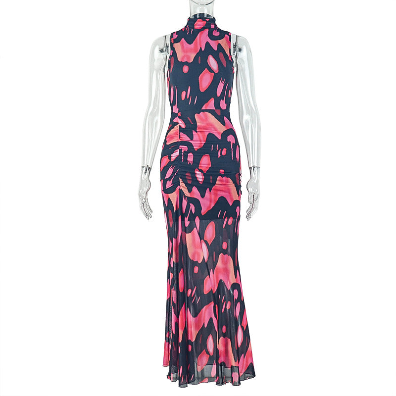 Women Clothing Hollow Out Cutout out Cinched Printed Design Hip Dress Color Matching Turtleneck Sleeveless Dress