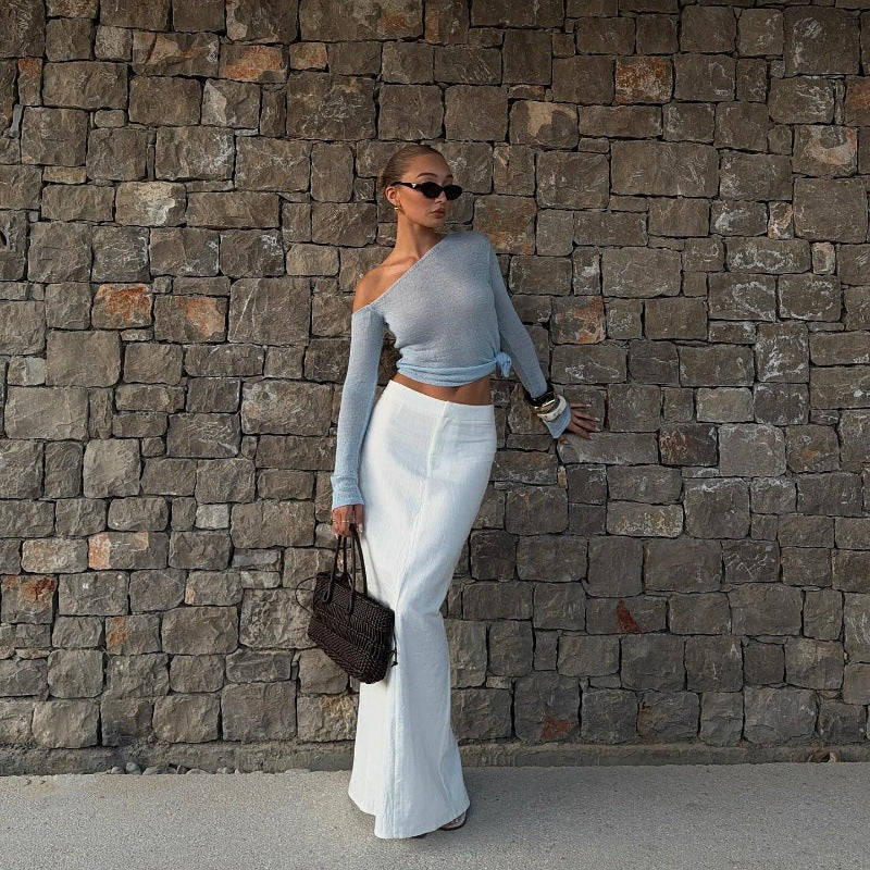 Women Clothing Autumn Sexy Solid Color Diagonal Collar Cropped Knitted Long Sleeved T shirt Top Bella Mia