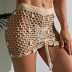 Stylish Beach Pure Hand Crocheting Side Drawstring Lace up Cutout Shell Embellished Bikini Cover up Skirt Bella Mia