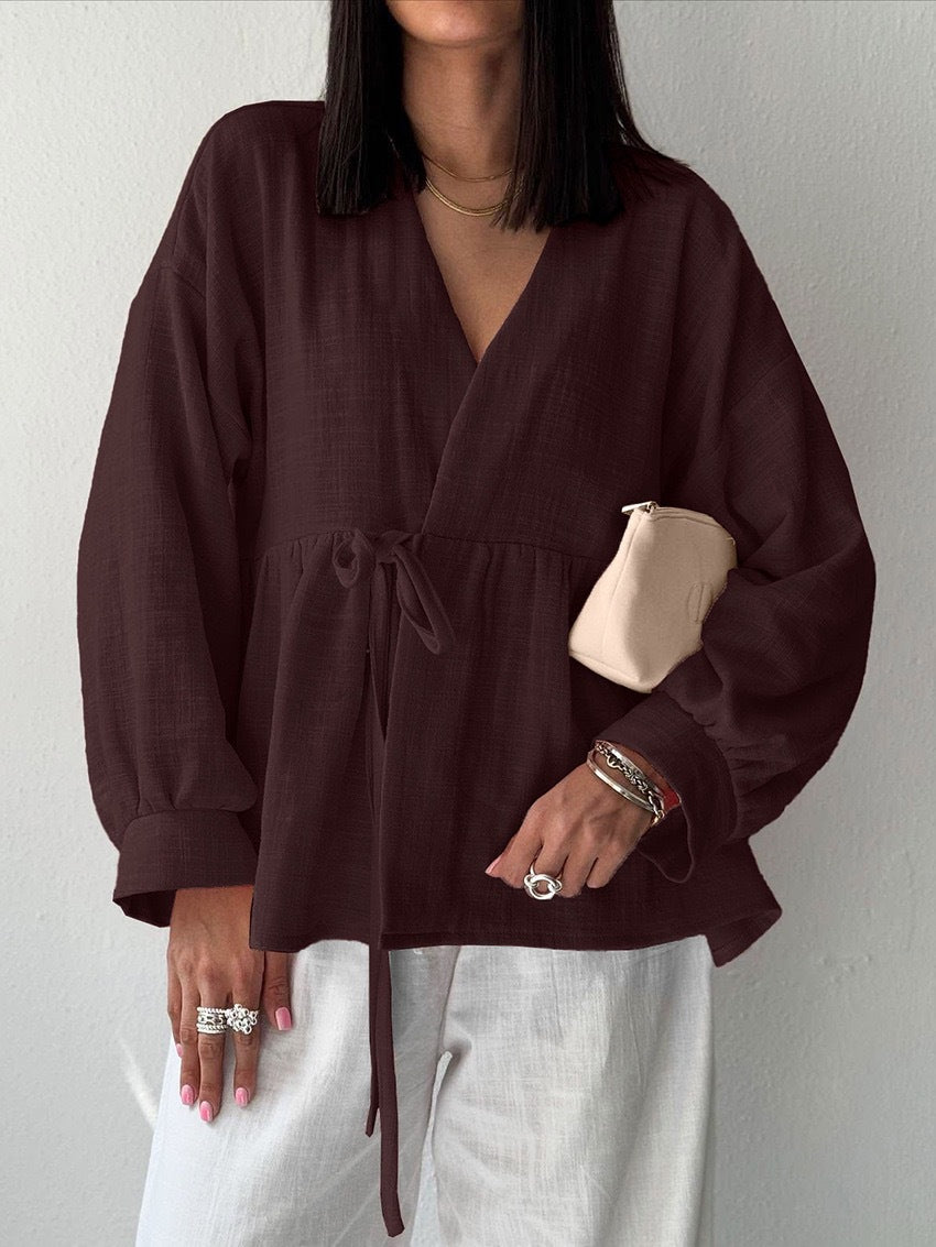 Spring Autumn Cotton Linen Solid Color V neck Trousers Comfortable Soft Shirt Women Bella Mia