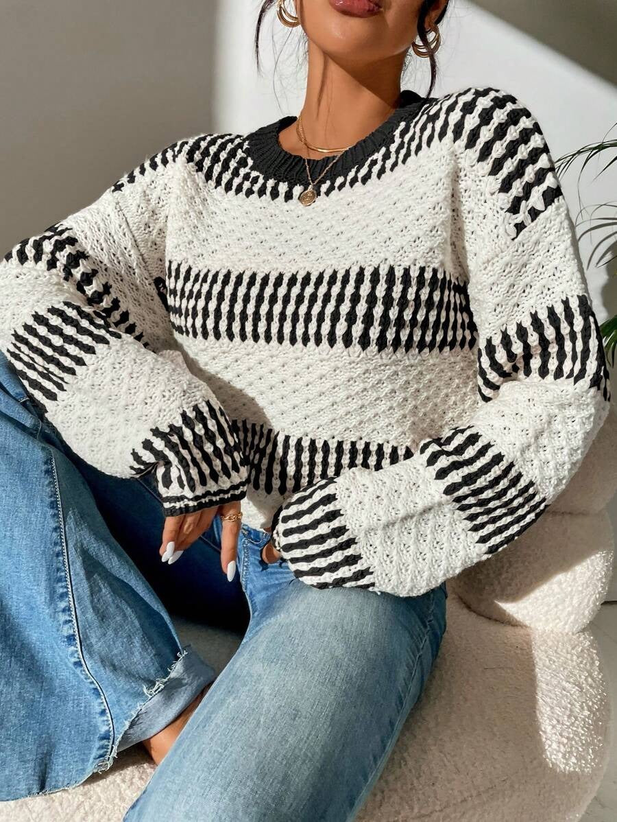 Women Clothing Autumn Winter Casual Loose Sweater Contrast Color Striped Stitching Sweater Bella Mia