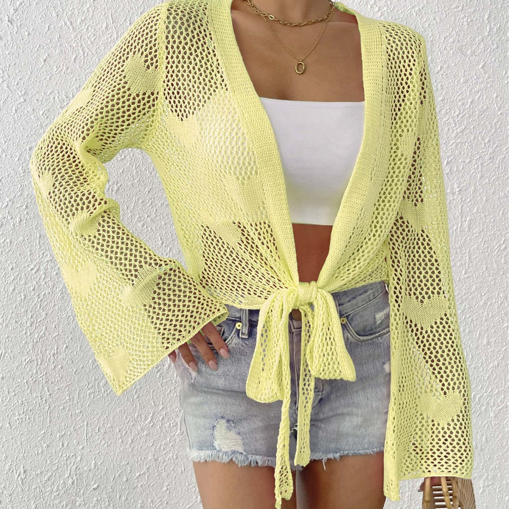 Women Cardigan Clothing Spring Summer Lace up Bow Bell Sleeve Mechanism Shirt Beach Cover Up Bella Mia