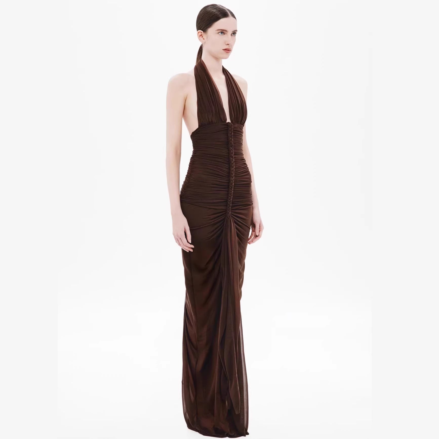 Women Clothing Sexy V neck Slim Fit Pleated Hip Backless Halter Dress