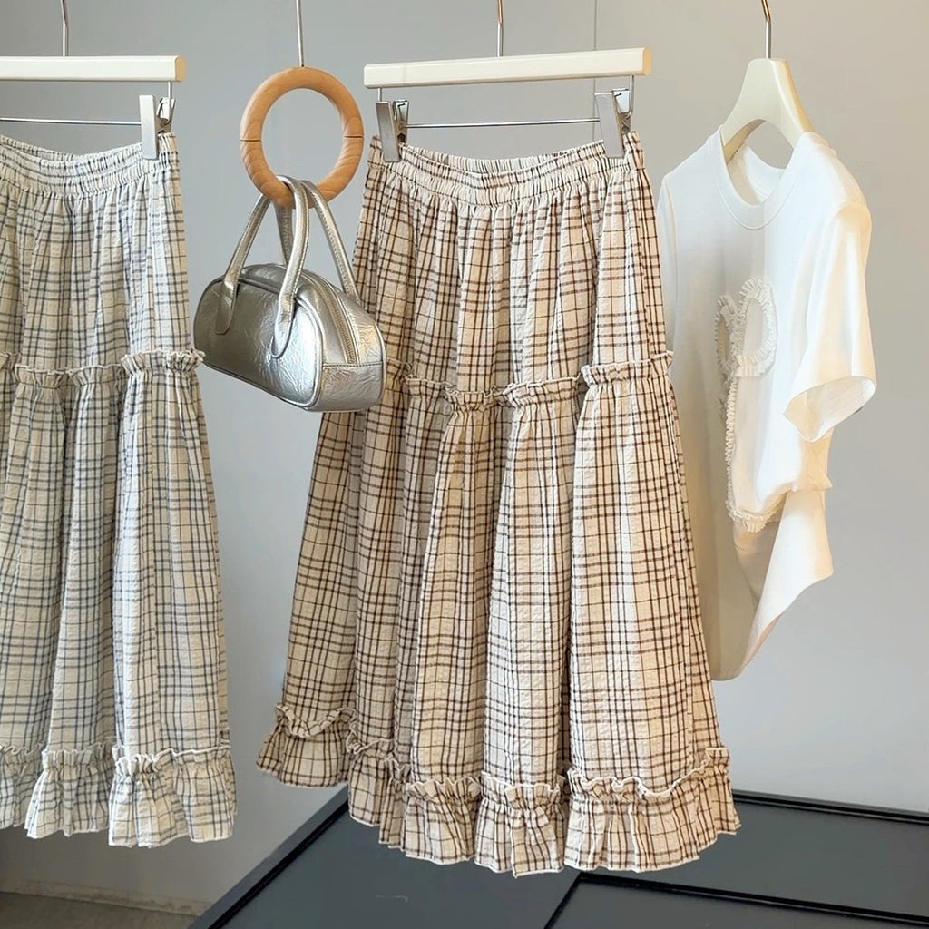 Ruffled Bubble Cotton Plaid Skirt Women Summer High Waist Slimming A Line Mid Length Skirt