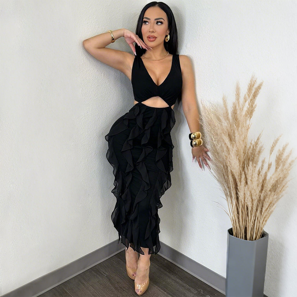 Women Clothing Sexy V neck Sleeveless Cut-out Ruffled Solid Color Split Dress Bella Mia