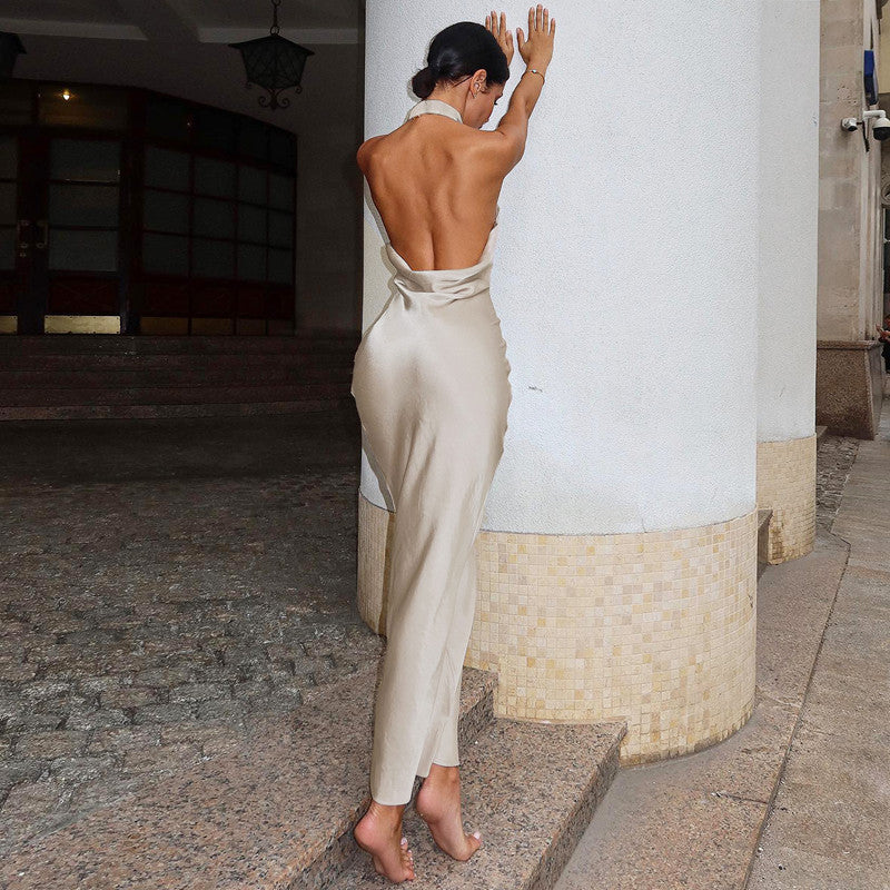 Summer Solid Color Sleeveless Halter Sexy Backless Satin Dress Bella Mia
