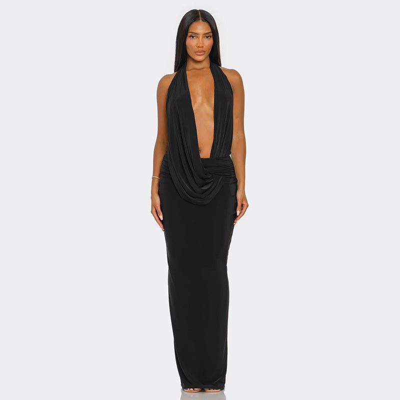 Clothing Autumn Slim Fit Halter Backless Sleeveless Pleated Lace up Elegant Length Dress Bella Mia
