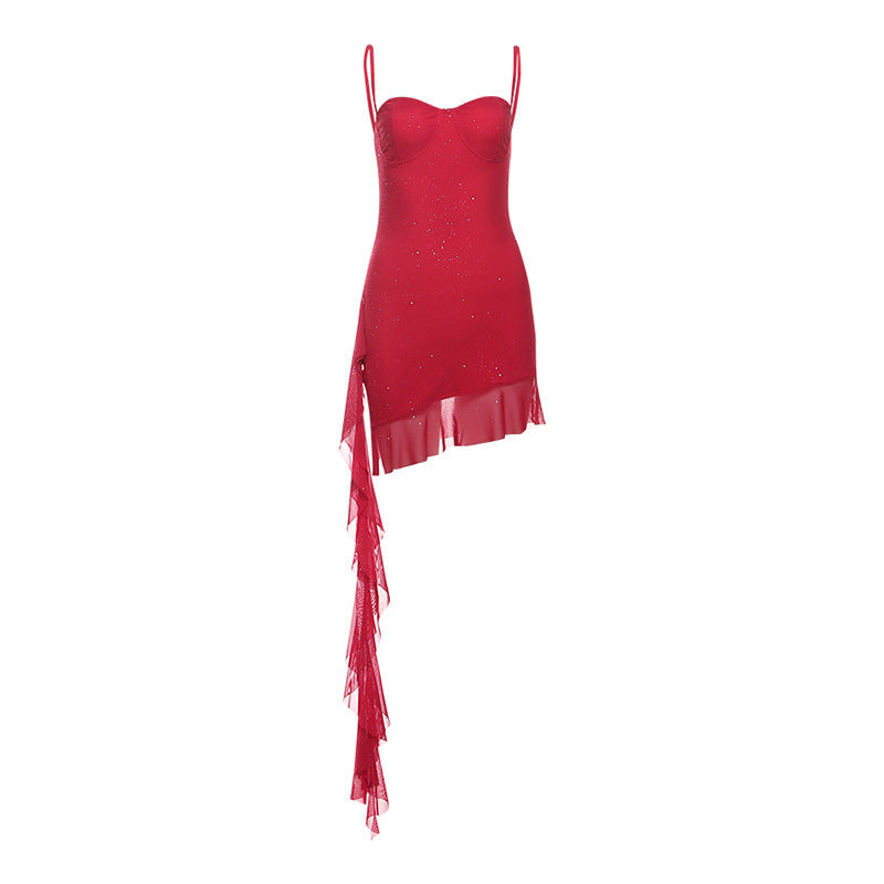 Spring Women Sexy Mesh Irregular Asymmetric Ribbon Slim Fit Backless Sling Dress Bella Mia