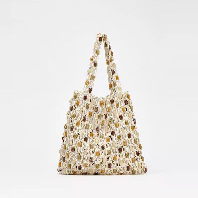 Summer Casual Beaded Bag Women Special Interest High Sense Woven Bag Plaid Hollow Out Cutout Wooden Bead Beach Bag Bella Mia