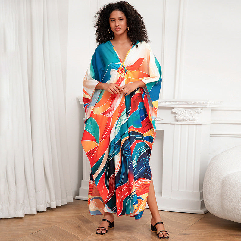 Positioning Print Holiday Loose plus Size Robe Beach Cover up Dress Bikini Cover-up Women's Clothing Bella Mia