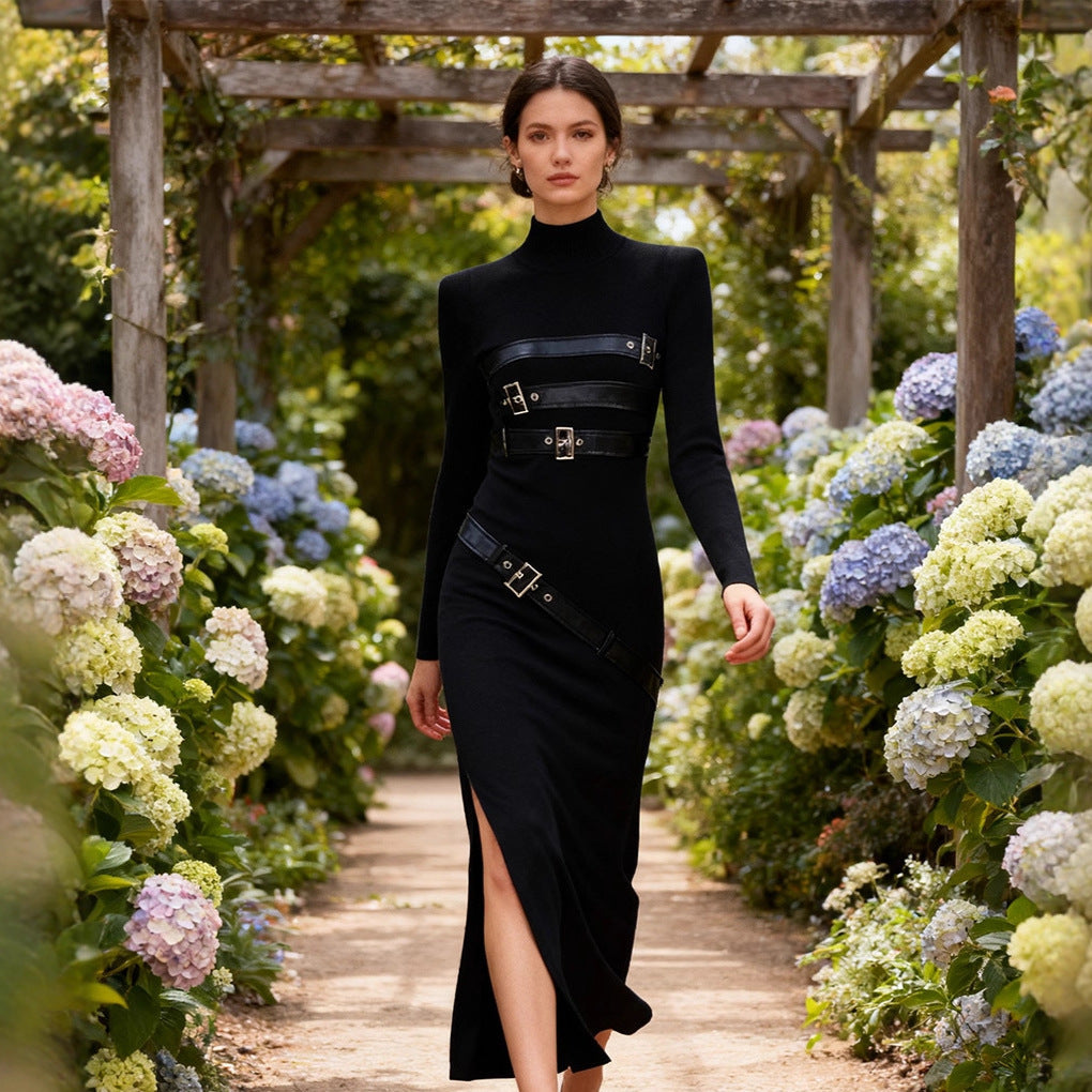 Turtleneck Solid Color Dress Spring High Grade Long Sleeve Split Metal Decorative Dress Women Bella Mia