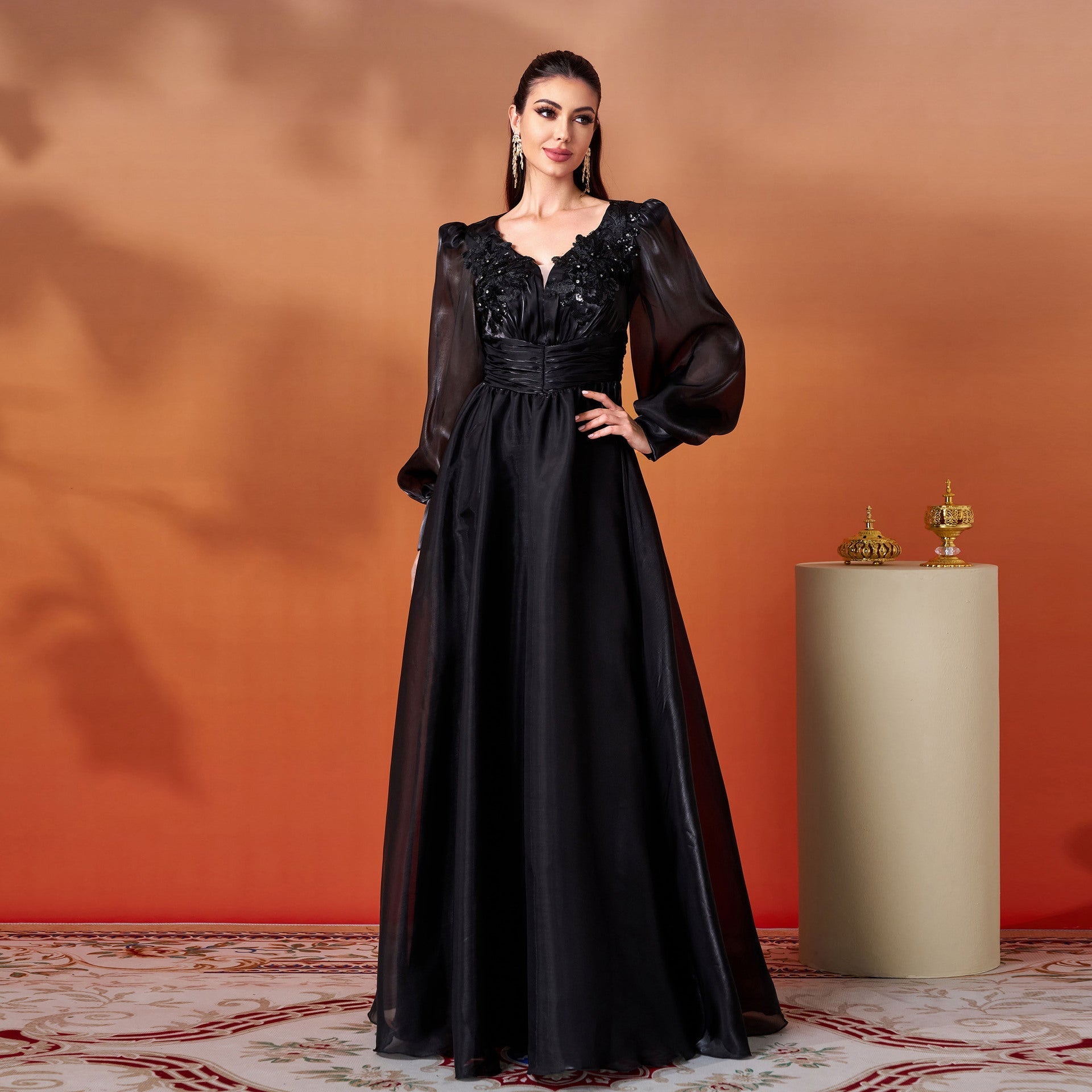 Women Clothing Advanced Long Sleeve V neck Lace Cocktail Large Swing Evening Dress Bella Mia