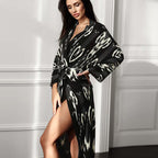 Fall Long Loose Casual Homewear Artificial Silk Printed Cardigan Ladies Robe Bella Mia