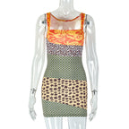 Women Clothing Printed Slim Fit Patchwork Slimming Hip Skirt Casual Sling off Neck Sleeveless Dress Bella Mia
