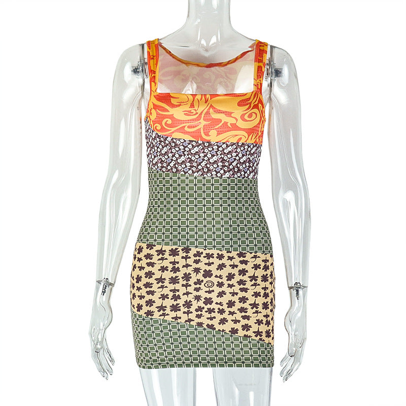 Women Clothing Printed Slim Fit Patchwork Slimming Hip Skirt Casual Sling off Neck Sleeveless Dress Bella Mia