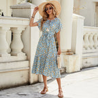 V neck Short Sleeve Hollow Out Cutout Lace Stitching Flounced Pastoral Vacation Dress Bella Mia