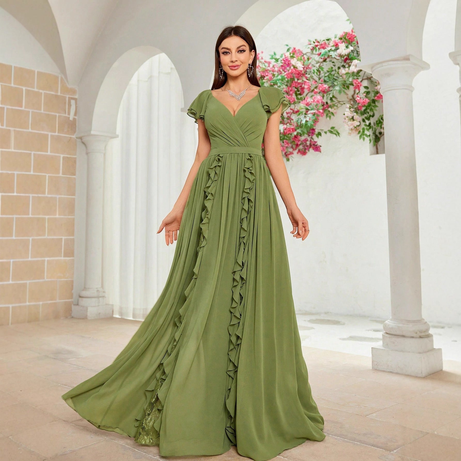Elegant Ball Dress Fall High End Ruffled Maxi Dress V neck Dress Bella Mia