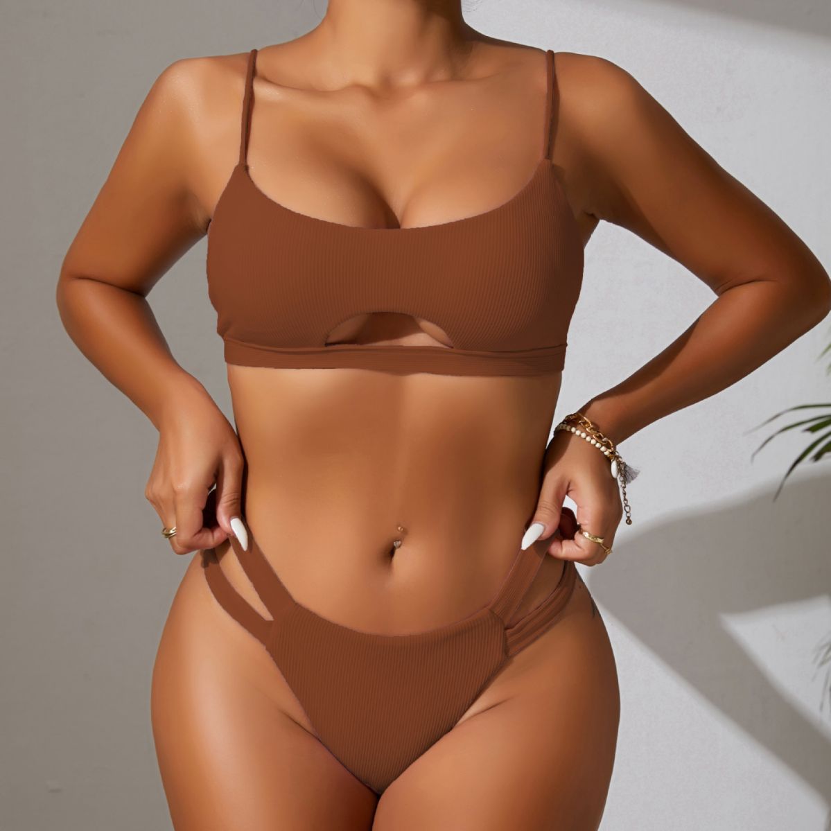 Sunken Stripe Solid Color Sexy Cutout Bikini Two Piece Swimsuit Bikini Swimsuit Bella Mia