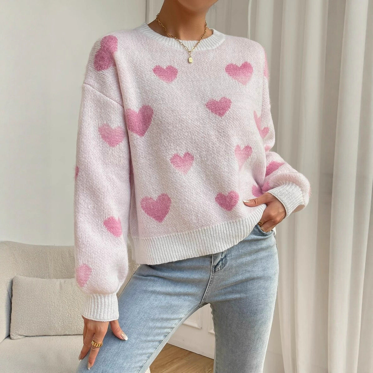 Women Autumn Winter Love Pullover Loose Casual Office round Neck Knitted Sweater for Women Bella Mia