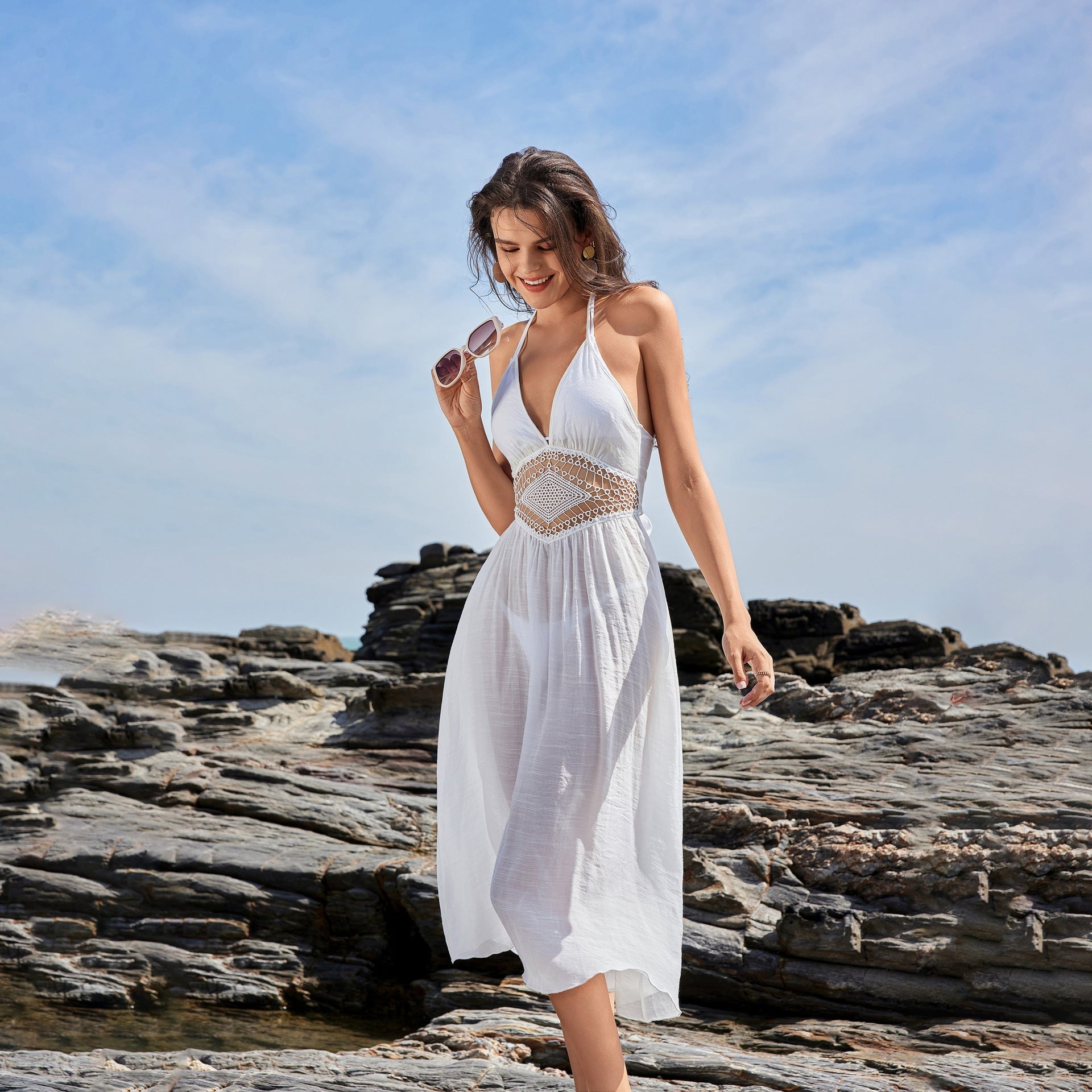 Beach Dress Women Solid Color Sexy Cutout Beach Bikini Swimsuit Blouse Sun Protective Clothing Bella Mia