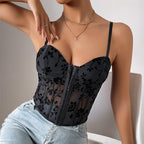 Women Sexy Low Cut See through Sling Stitching Mesh Boning Corset Waist Short Top Women Bella Mia