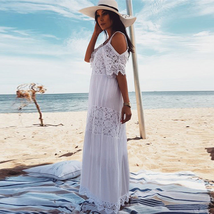 Rayon Stitching Lace Embroidery Beach Cover up Sexy Sling Dress Seaside Bikini Cover Bella Mia
