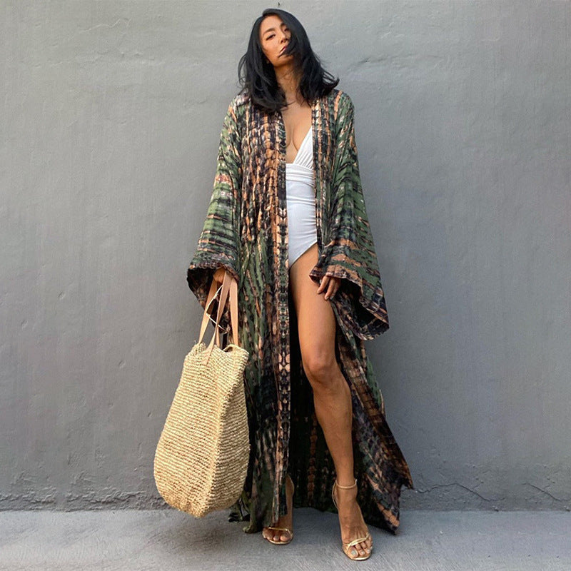 Rayon Printed Vacation Wide Sun Protection Shirt Beach Coat Beach Cover Up Swimsuit Outer Wear Long Cardigan Bella Mia
