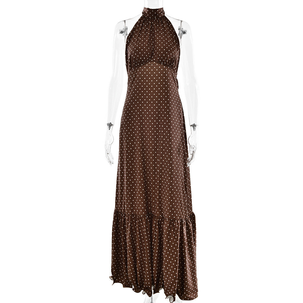 French Halter Polka Dot Satin Dress Sexy Elegant Backless Waist Trimming Dress Bella Mia
