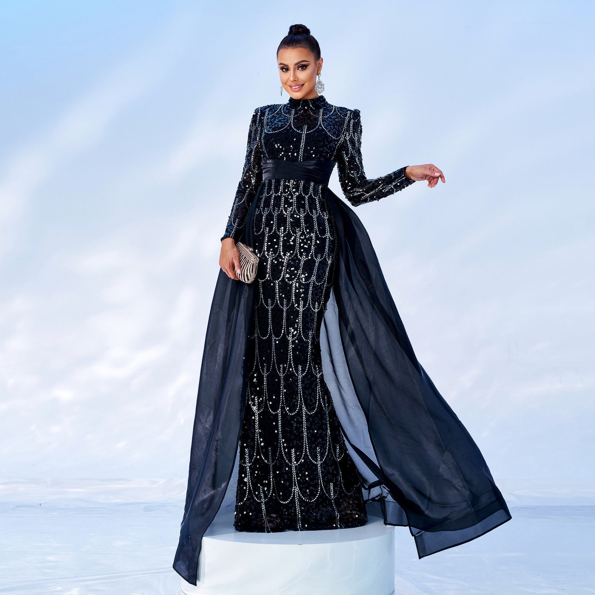 Long Sleeve round Neck Long Sequined Cocktail Cape Fishtail Evening Dress Bridesmaid Dress Women Bella Mia
