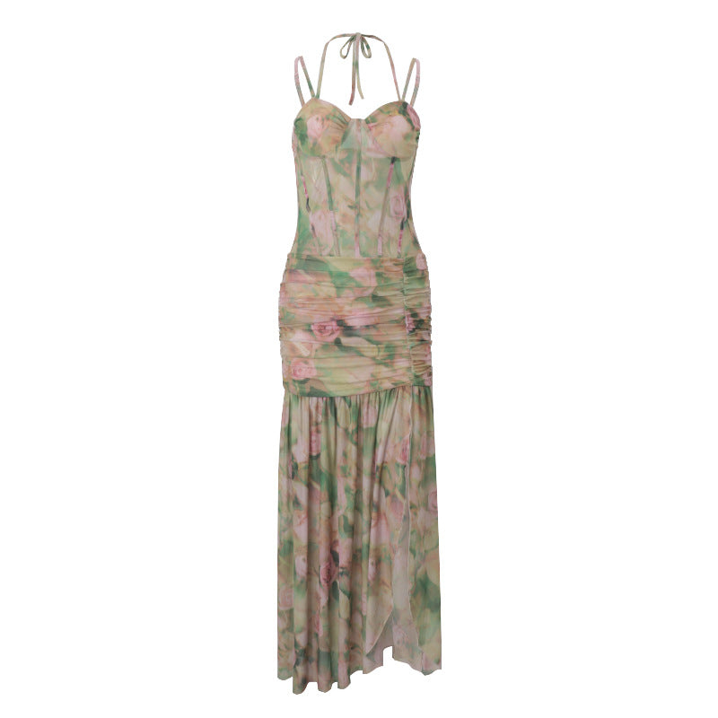 Women Clothing Summer Sexy Spaghetti Strap Floral Print Vacation Beach High Waist Slimming Slit Dress Women Bella Mia