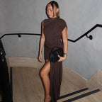 Women Clothing Spring Summer Slim round Neck Pleated Hip Irregular Asymmetric Sleeveless Dress Bella Mia